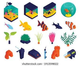 Aquariums shapes types tanks fishbowl isometric fish aquatic plants oxygen pumps filters accessories icons set vector illustration 