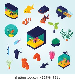 Aquariums shapes types tanks fishbowl isometric fish aquatic plants oxygen pumps filters accessories icons set vector illustration	