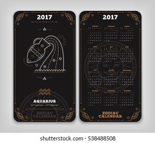 Aquarius 2017 year zodiac calendar pocket size vertical layout Double side white color design style vector concept illustration.