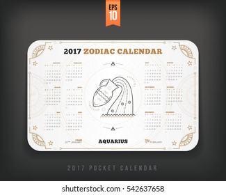 Aquarius 2017 year zodiac calendar pocket size horizontal layout White color design style vector concept illustration