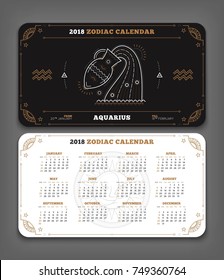 Aquarius 2018 year zodiac calendar pocket size horizontal layout Double side black and white color design style vector concept illustration