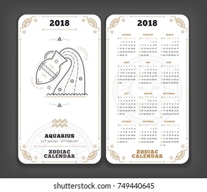 Aquarius 2018 year zodiac calendar pocket size vertical layout Double side black and white color design style vector concept illustration