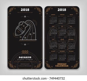 Aquarius 2018 year zodiac calendar pocket size vertical layout Double side black color design style vector concept illustration