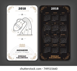 Aquarius 2018 year zodiac calendar pocket size vertical layout Double side black and white color design style vector concept illustration