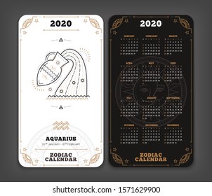 Aquarius 2020 year zodiac calendar pocket size vertical layout Double side black and white color design style vector concept illustration