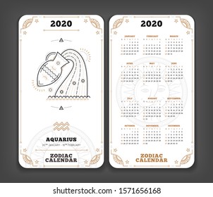 Aquarius 2020 year zodiac calendar pocket size vertical layout Double side white color design style vector concept illustration