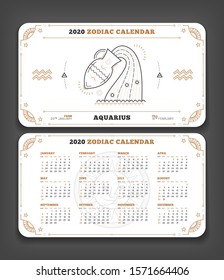 Aquarius 2020 year zodiac calendar pocket size horizontal layout Double side white and black color design style vector concept illustration