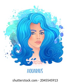 Signo astrológico acuario como una chica hermosa. Ilustración vectorial sobre el fondo de la acuarela aislada en blanco. Contando el futuro, horóscopo. Mujer de moda zodiac set. 