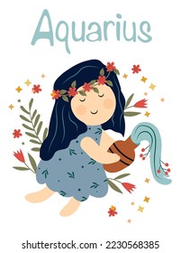 Aquarius astrological sign. Funny Zodiac sign with colorful leaves and stars around. Aquarius perfect for posters, logo, cards. Vector illustration.