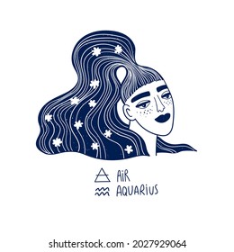 Aquarius astrological sign. Zodiac funky girl portrait isolated on a white. Vector illustration, tattoo or sticker.