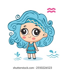 Aquarius Astrological symbol as cartoon character. Aquarius girl illustration doodle zodiac character sign vector, Cute cartoon aquarius, Kawaii style symbol. Perfect for kid greeting card.