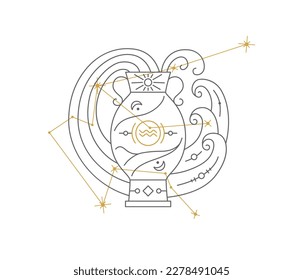 Aquarius astrological symbol with Zodiac constellation, connected stars. Water Bearer astrology horoscope sign and stars on white background thin line vector illustration