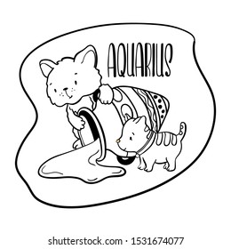 Aquarius astrological zodiac sign with cute cat character. Aquarius vector illustration on white background. Astrological sign black line drawing. Cute Aquarius cat coloring page. Zodiac symbol