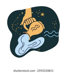 Aquarius, astrological zodiac sign. Water in pot, horoscope symbol, celestial. Star constellation character, sky. Hand drawn vector illustration.