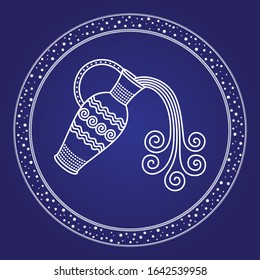 Aquarius astrology zodiac horoscope sign in starry circle isolated on blue. Water in jug star in round icon. Space mythology with moth magic symbol. Calendar and constellation night element vector