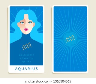 Aquarius : Beautiful woman with horoscope sign : Template for tarot cards :Vector Illustration