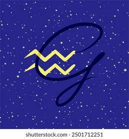 Aquarius in combination with the letter G. Zodiac sign. On a dark blue starry background. Astrology and horoscopes concept. Vector illustration.