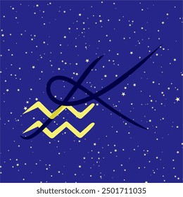 Aquarius in combination with the letter K. Zodiac sign. On a dark blue starry background. Astrology and horoscopes concept. Vector illustration.