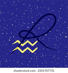 Aquarius in combination with the letter R. Zodiac sign. On a dark blue starry background. Astrology and horoscopes concept. Vector illustration.