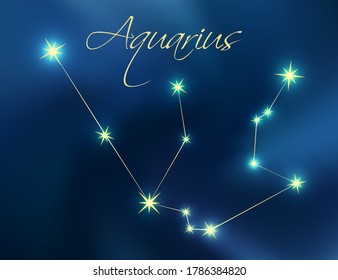 Aquarius constellation astrology vector illustration. Stars in dark blue night sky. Aquarius zodiac constellations sign beautiful starry sky. Aquarius horoscope symbol made of gold stars and lines.