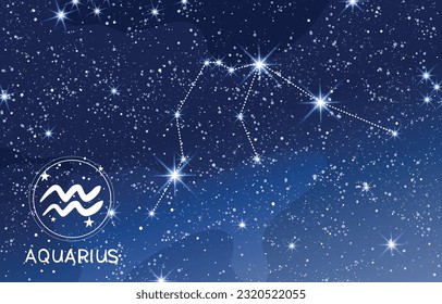 Aquarius constellation in the blue night sky, zodiac sign card, horoscope modern astrology banner, astronomical sky map, mystical vector illustration.