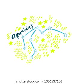 Aquarius constellation with brush lettering and doodle background. Handwritten typography. Stylized sky map. Ready-to-print design template. Clothes badge,icon,logo,banner,tag. Vector illustration.