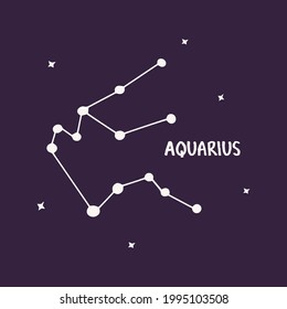 Aquarius constellation. Colorful vector hand drawn illustration blue background with stars. Space of the universe, astronomy, zodiac sign