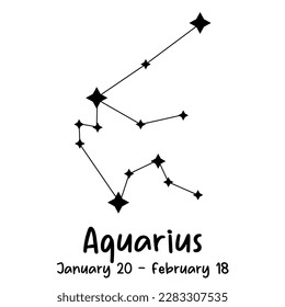 Aquarius constellation ilustration. Zodiacal circle. Black hand drawn stars on white background. Starry sky. Horoscope, predictions and prophecies. Abstract Vector illustration.