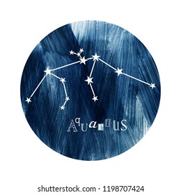 The Aquarius Constellation over hand drawn blue background. 1 of the 12 zodiac signs. Vector illustration