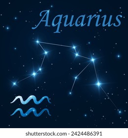 Aquarius constellation with stars, zodiac sign on starry sky. Astronomy, astrology, horoscope. Science banner. Cosmos, outer space. Eleventh zodiac sign - the ruler planet Uranus. Vector illustration