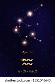 Aquarius constellation vector poster template. Zodiac sign banner with text space. Night shining starry sky on dark background. Horoscope symbol poster. Astrological calendar, astronomical chart