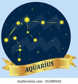 Aquarius. Constellation and zodiac sign in the blue circle. Gold ribbon. Vector Image.