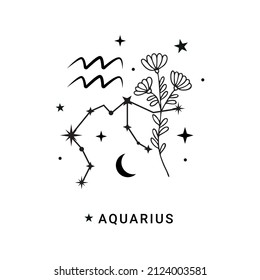 Aquarius constellation zodiac sign with flower, moon and stars