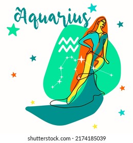 Aquarius es una constelación del signo del zodiaco. Una chica de estilo moderno con manchas de colores y líneas de contorno de la silueta de la modelo. Impresión gráfica