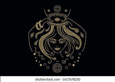 Aquarius constellation zodiac sign illustration, fantasy ornament in fairy style. Girl or woman on black background in art deco style take a shower, washing long hair. Shampoo logo, emblem for a brand