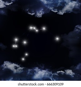 Aquarius Constellation. Zodiac Sign Aquarius constellation lines. The constellation is seen through the clouds in the night sky. Vector