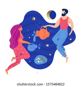 Aquarius couple zodiac and horoscope concept. Modern vector art with young couple. Illustration for horoscope and astrology apps, dating websites, astrology predictions.