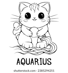 Aquarius cute cartoon astrology sign of the zodiac cat. Character in kawaii style. Vector illustrations in hand drawn sketch style isolated on white. Black outline graphic. Funny cat horoscope