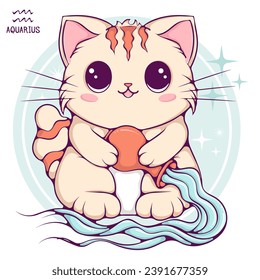 Aquarius cute cartoon astrology sign of the zodiac cat. Pet character in kawaii style. Vector illustrations in hand drawn flat style on round background. Funny cat horoscope