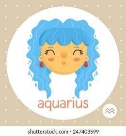 Aquarius cute zodiac sign illustration cartoon style girl with water drops badge horoscope symbol isolated on white