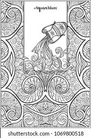 Aquarius. Decorative zodiac sign on pattern background. Outline hand drawing. Good for coloring page for theÂ adult coloring book Stock vectorÂ illustration.