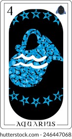 Acuario. Diseño para una carta de tarot con un jarrón azul claro rodeado de estrellas y el número cuatro.