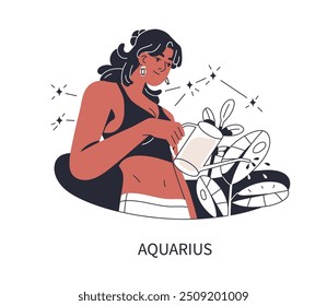 Aquarius girl, astrological zodiac sign. Young modern woman, horoscope avatar with astrology constellation. Trendy esoteric female character. Flat vector illustration isolated on white background