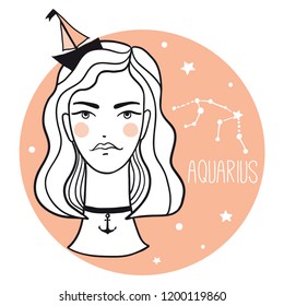 Aquarius girl. Sketch style woman with zodiac sign. Stars, astrological, constellation, beauty, female. Hand drawn vector illustration for prints, stickers, cards