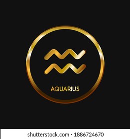 Aquarius with gold Circle Astrology Icons on black background vector design.