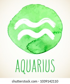 Aquarius hand drawn Zodiac sign illustration over light green watercolor circle. Vector graphic astrology symbol design element isolated over white.