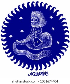 Aquarius Horoscope Astrology skeleton character. Zodiac sign with stars in circle isolated on the white background. Vector illustration EPS 10 format.