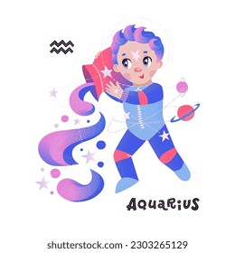 Aquarius horoscope character with zodiac sign and handlettering. Cute vector illustration EPS 10.