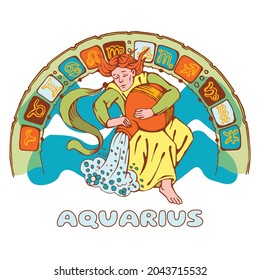Aquarius horoscope. Colorful illustration of a young guy on the background of a semicircle with zodiac symbols. Quarterly calendar design