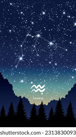 Aquarius horoscope constellation in the night sky, zodiac sign, vertical background for stories. Astrological chart, fortune teller, astronomical calendar. Modern realistic vector illustration